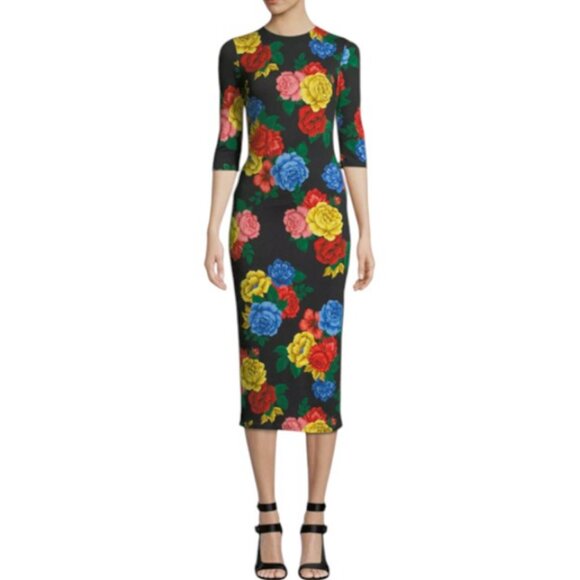 Alice + Olivia Delora black floral midi bodycon dress size 4 - Picture 2 of 8